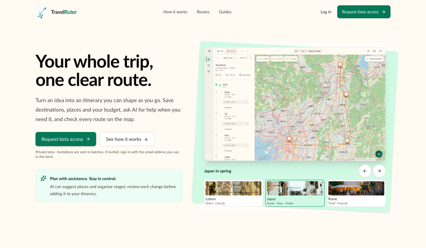 Travel Ruter website showing its trip planner and a mapped route through Japan